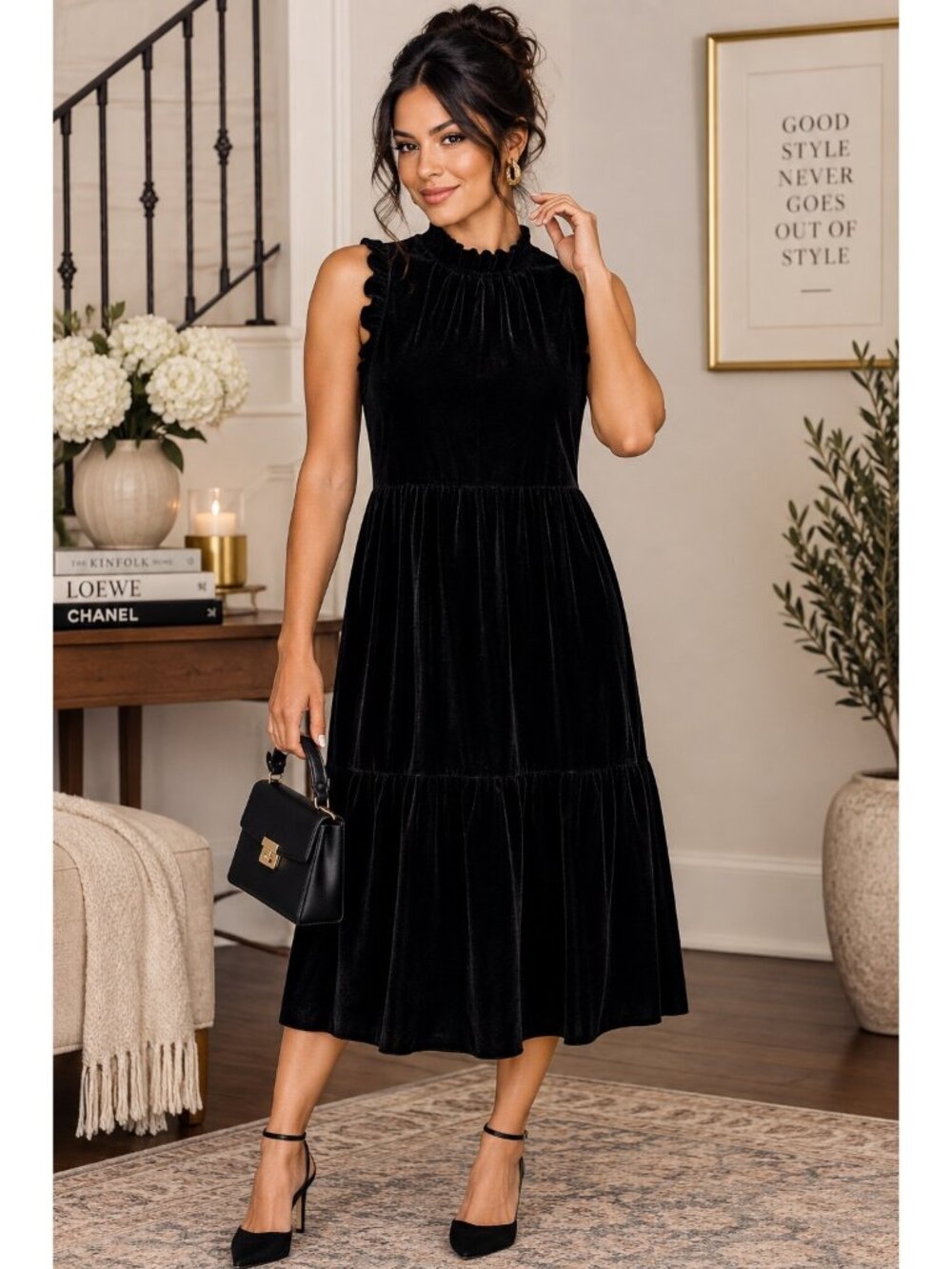 J.Crew Black Velvet Tiered Midi Dress Size 12 Ruffle Neck Romantic Holiday